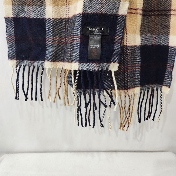 Classic HARRODS OF LONDON Tartan Plaid Navy Blue Beige 100% Lambswool Scarf 69" - Picture 6 of 6